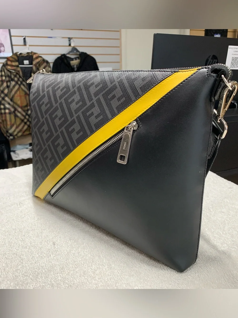 Fendi Diagonal FF Zucca Logo Black Messenger Bag
